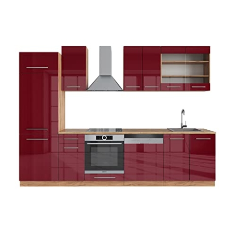 Vicco Küchenzeile Fame-Line, Bordeaux Hochglanz/Eiche Gold, 300 cm ohne Arbeitsplatte