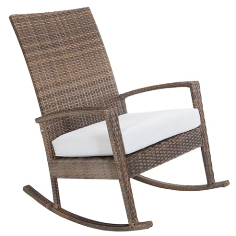 Ogarden Rocking Chair, Garten schaukelstuhl wetterfest, Poly Rattan Outdoor Schaukelstuhl, Schaukelsessel mit Kissen, für Garten, Terrasse, Balkon, Relaxsessel Gartenstuhl (Braun - Hellgraues Kissen)
