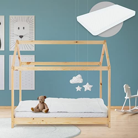 ML-Design Kinderbett 70x140 cm Natur mit Matratze, Dach und Lattenrost, Hausbett für Mädchen und Jungen, Kinderhaus aus Kiefernholz, Stabiles Jugendbett, Massivholz Kinder Bett, Bettenhaus Spielbett