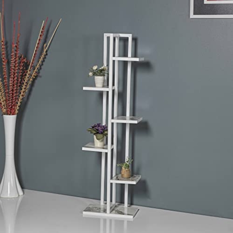 [en.casa] Blumenständer Tohmajärvi 6 Ebenen Blumenregal 120 x 34 x 21 cm Pflanzenständer Indoor Pflanzenregal Wohnzimmer Weiß/Marmoroptik