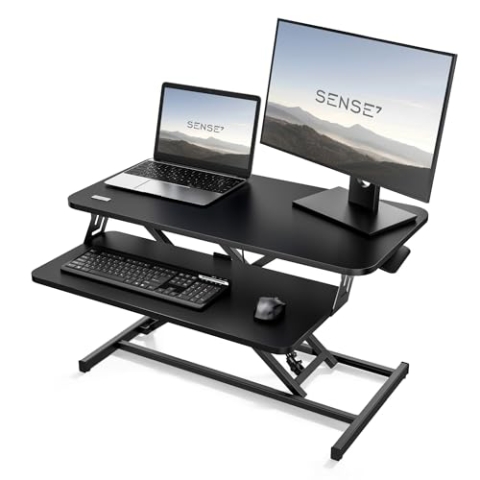 SENSE7 Klappschreibtisch Desk Converter, höhenverstellbarer Schreibtisch, Home Office Laptopständer, 13kg Tragfähigkeit, Steharbeitsplatz, 81x40 cm, Computertisch mit Tastaturauszug, Stehpult, Black