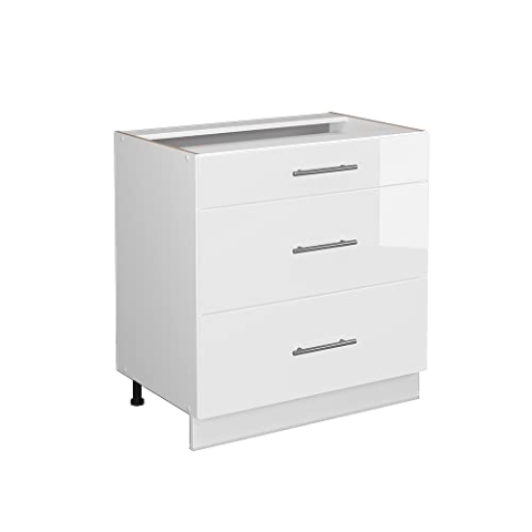 Vicco Küchenunterschrank Fame-Line, Weiß Hochglanz/Weiß, 80 cm mit 3 Schubladen, ohne Arbeitsplatte