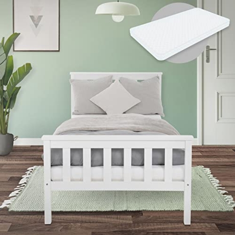 ML-Design Holzbett 90x200 cm Weiß mit Matratze H:16cm, Kiefernholz, Massivholz Bettgestell mit Lattenrost & Füße, Einzelbett mit Kopf- und Fußteil, Bett für Kinder & Erwachsene, Kinderbett Jugendbett