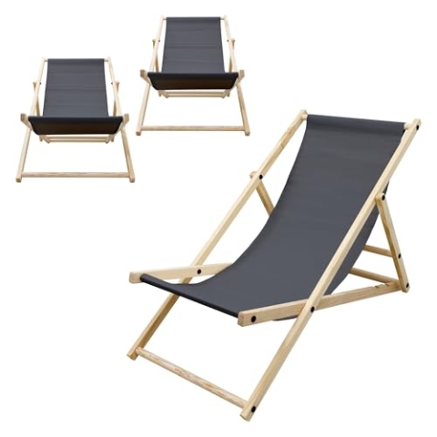 ECD Germany 3er Set Liegestuhl klappbar, Anthrazit, Holz, verstellbare Rückenlehne, 3 Positionen, bis 120kg, Sonnenliege Gartenliege Strandliege Strandstuhl Holzklappstuhl, für Garten, Balkon & Strand