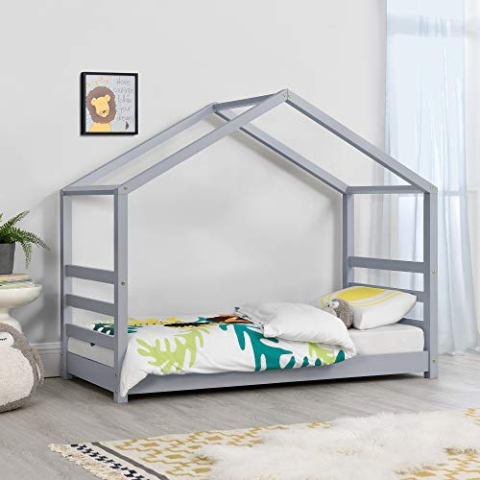 [en.casa] Kinderbett 'Vardø' mit Lattenrost 80 x 160 cm Hausbett Bettenhaus Jugendbett Holz Grau