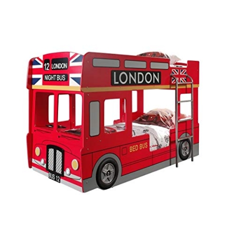 VIPACK SCBBLB Autobett London Bus Etagenbett, Circa 215 x 132 x 100 cm, 2 Liegeflächen 90 x 200 cm, lackiert aufgedruckte London-Bus Optik, rot
