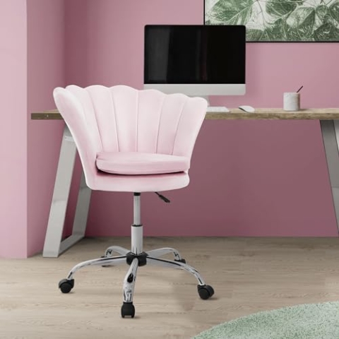 ML-Design Bürostuhl Hellrosa aus Samt, Metallgestell, Polsterstuhl mit Rückenlehne, höhenverstellbar, 360° Drehstuhl mit 5 Rollen, Gepolsterter Muschel-Sessel, Ergonomischer Schreibtischstuhl für Büro