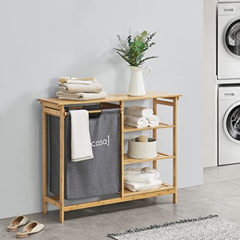 [en.casa] Bambus Badregal Nousiainen mit ausziehbarem Wäschekorb 60 L Badezimmerregal Wäschesammler mit 3 Ablagen 80 x 100 x 30 cm Natur/Grau
