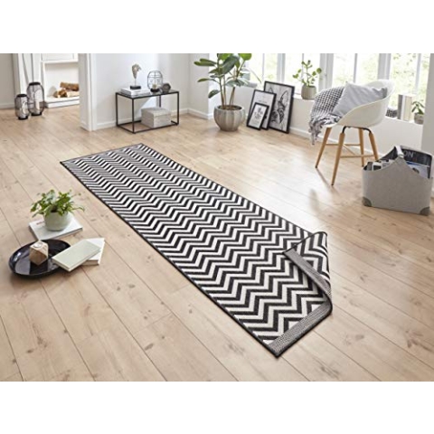 NORTHRUGS In- und Outdoor Teppich Palma 80x350cm - Wendeteppich Wetterfest Modernes Design Zick-Zack Muster Läufer für Balkon Terrasse Garten Wintergarten Wohnzimmerteppich Wasserfest in Schwarz Creme