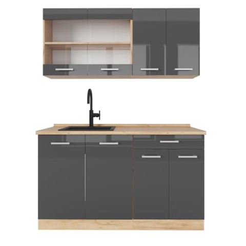 Vicco Singleküche R-Line, Anthrazit Hochglanz/Goldkraft Eiche, 140 cm ohne Arbeitsplatte