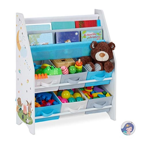 Relaxdays Kinderregal, Tiere Motiv, 6 Boxen, 2 Fächer, Kinderzimmer, Spielzeug Aufbewahrung HBT 74 x 62 x 31,5 cm, bunt, Kunststoff, 1 Stück