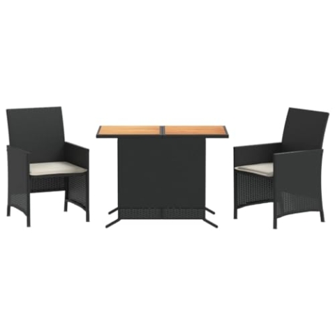 vidaXL Bistro Set mit Kissen 3-TLG., Gartenmöbel Gartengarnitur, Sitzgruppe Bistroset Balkonset, Garten Terrasse Balkon Möbel Garnitur, Schwarz Poly Rattan