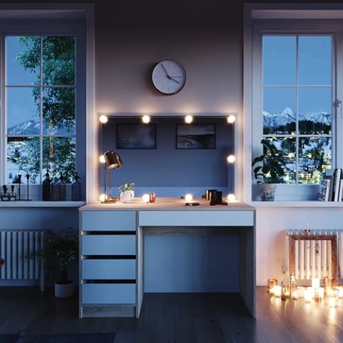 Vicco Schminktisch Sherry, Kosmetiktisch mit Spiegel, Sonoma/Weiß, 120 cm mit LED Beleuchtung
