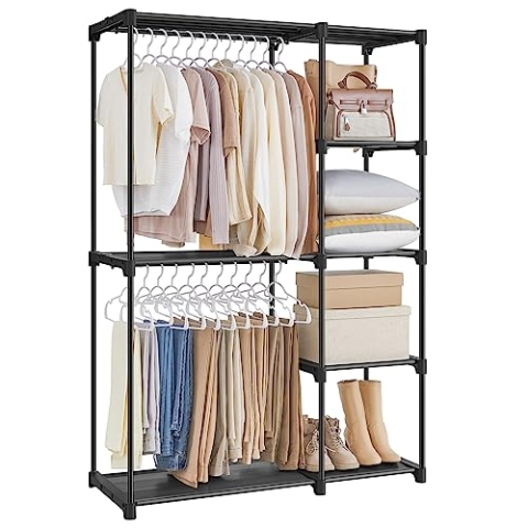 SONGMICS Kleiderschrank offen, Kleiderständer, Kleiderstange, Garderobe, 2 Hängefächer, viel Platz, für Schlafzimmer, Wohnzimmer, 112 x 43 x 165 cm, schwarz RYG24BK
