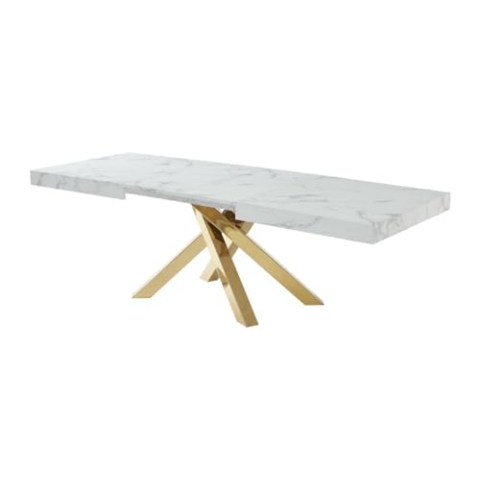 Vente-unique-Esstisch ausziehbar - 6 bis 10 Personen - MDF & Metall - Marmor-Optik Weiß & Goldfarben - CATONAV