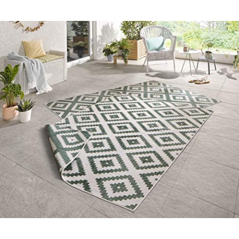 NORTHRUGS Outdoor Teppich Malta-Wendeteppich Wetterfest Modernes Geometrisches Muster Läufer für Balkon Terrasse Garten Wintergarten Wohnzimmerteppich Wasserfest, Polypropylen, Grün,Creme, 200x290cm