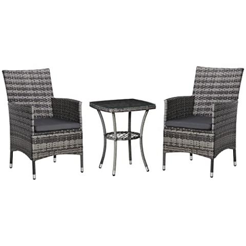 Outsunny Polyrattan Gartenmöbel Set, Outdoor Lounge Balkonmöbel für 2 Personen, 3-teilig Sitzgruppe, 2 Stühle, Tisch Sitzkissen, Gartenlounge für Garten, Terrasse, Balkon, Dunkelgrau