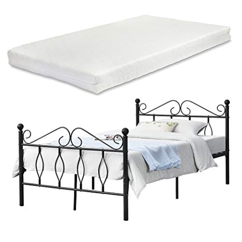[en.casa] Metallbett Apolda 120x200 cm Jugendbett mit Matratze und Lattenrost Einzelbett mit Kaltschaummatratze bis 300kg Schwarz