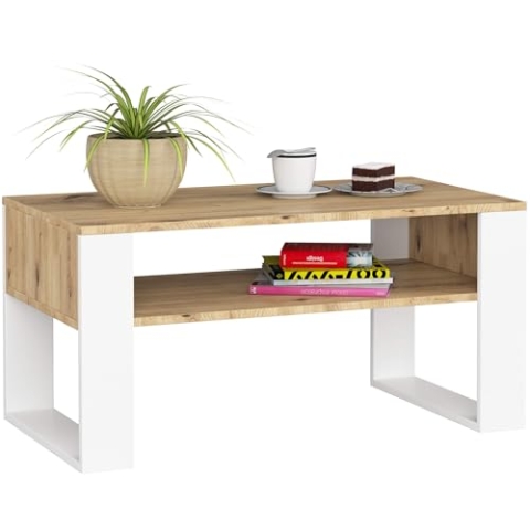 AKORD Couchtisch Holz DOMI mit einem Regal | 92x45x53cm | Für Wohnzimmer | Schlafzimmer Schrank | Minimalistisch Modernes Design | Schichtstoffplatte 16mm | Artisan Eiche & Weiß Front