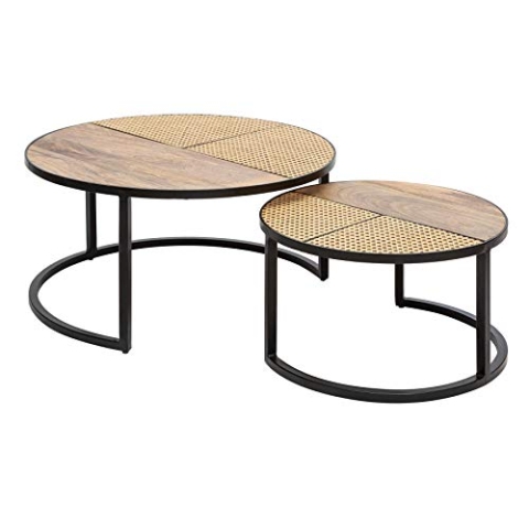 invicta INTERIOR Industrial Couchtisch 2er Set Vienna Lounge 70cm rund Mangoholz mit Wienergeflecht Wohnzimmertisch Tische Satztische