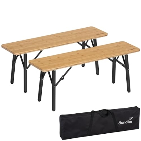 Skandika Sitzbank Tobro 2er Set | Campingbank aus Bambus, 100 x 27 x 39 cm, bis 200 kg belastbar, wetterfest, Tragetasche, Bierbank, Bierzeltbank| Balkonmöbel, Camping, Garten Bank