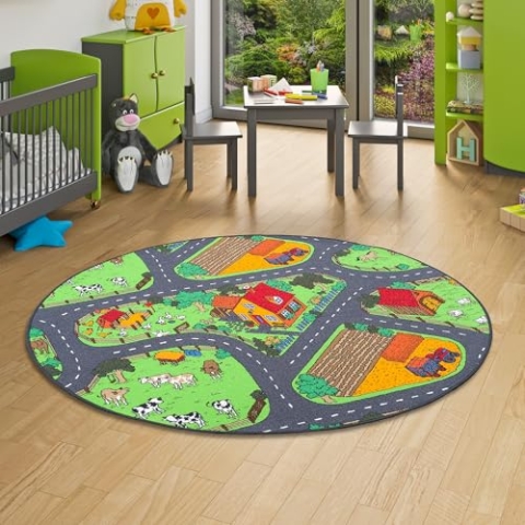 Snapstyle Kinder Spiel Teppich Bauernhof Grün Rund in 7 Größen