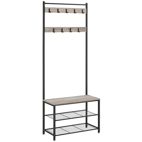 VASAGLE Garderobenständer, Kleiderständer mit Schuhablagen, Schuhregal mit Sitzfläche, für Flur, mit Haken, 3 Ablagen, aus Metall, Höhe 177 cm, Industrie-Design, Greige-schwarz HSR41MB