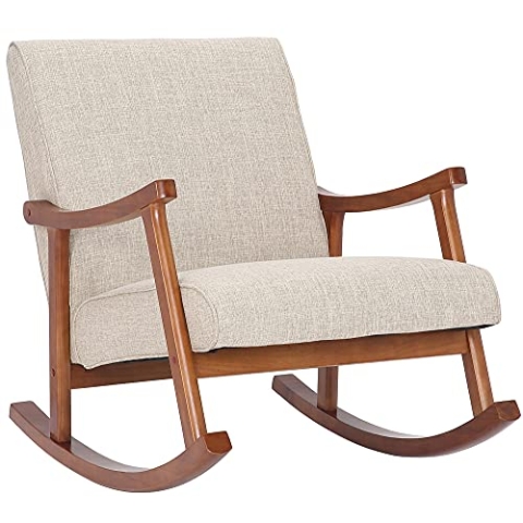 CLP Schaukelstuhl Morelia I Wippsessel Mit Stoff-Bezug I Holz In Walnuss-Optik, Farbe:Creme