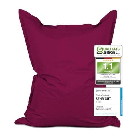 Lumaland Riesen-Sitzsack XXL 140x180 cm | Wasserfestes Indoor & Outdoor Liegekissen mit über 3 Mio. anpassungsfähigen EPS-Perlen | Bean Bag mit waschbarem Bezug [Rotwein]