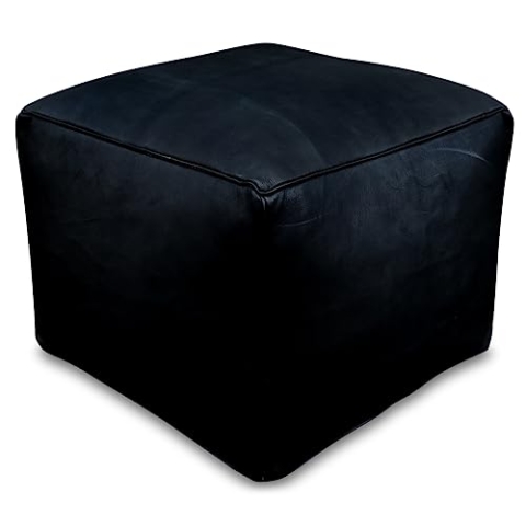 See the Good Quadratischer Leder Pouf - Handgefertigt - gefüllt geliefert - Ottoman, Sitzsack, Fußhocker (Schwarz)