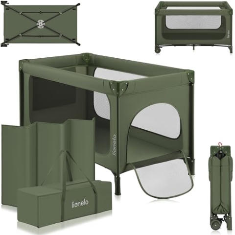 Lionelo Jasmin Easy FoldReisebett für Kinder bis zu 15 kg von 0 bis 36 Monaten Schaumstoffmatratze T25, 2 Höhenstufen, Einfaches Zusammenfalten Easy Fold, Seiteneinstieg, Rollen
