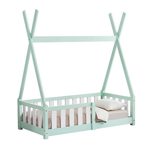 [en.casa] Kinderbett Helsingborg 70 x 140 cm mit Rausfallschutz Lattenrost Tipi Zelt Jugendbett Bettgestell Kiefernholz Holzbett für Kinder Mintgrün