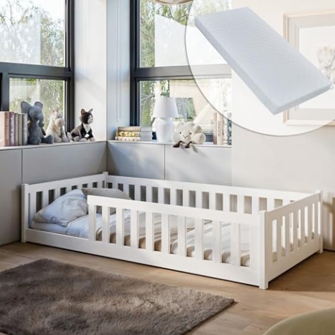 Kinderbett Bodenbett 90x200 cm mit Rausfallschutz, Matratze & Lattenrost Montessori Bett Bed Gitterbett Kinder Jugendbett Einzelbett | weiß weitere Größen 80x160 | 120x200 | 140x200 cm