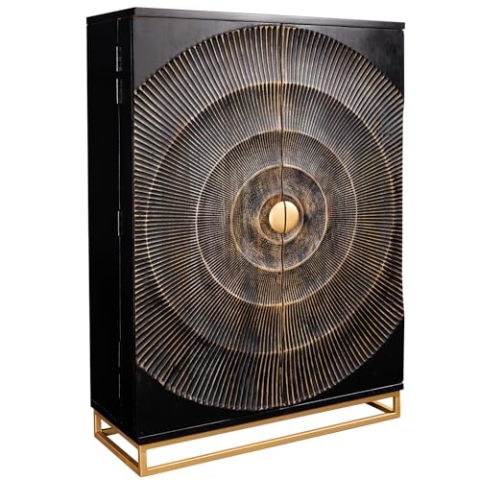Riess Ambiente Handmade Barschrank GOLDEN Sunset 145cm schwarz Gold Mangoholz Massivholz Metallgestell Hausbar Highboard Flaschenhalter Glashalter inkl. Schubladen Türregale