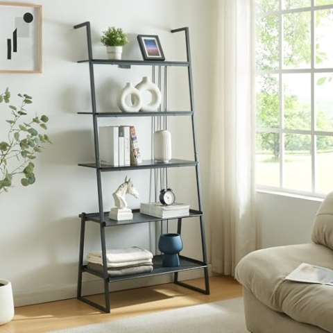 [en.casa] Leiterregal Storfjord Standregal 184 x 80 x 40 cm Bücherregal mit 5 Ablagen Pflanzenregal Wandlehnregal Metallgestell Schwarz