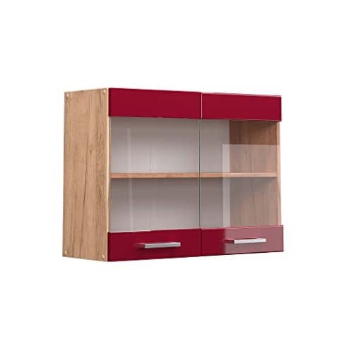 Vicco Küchenglasschrank R-Line, Bordeaux Hochglanz/Goldkraft Eiche, 80 cm
