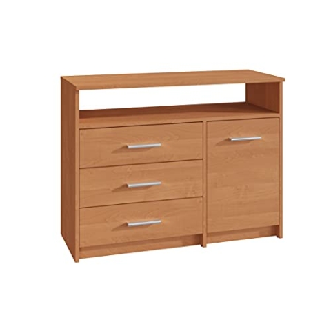 MATKAM Kommode Bodo 1D3SO, H75 x B98 x T35 cm, mit 3 Schubladen, einem Ablagefach und einem Türschrank, Griffe in Metall-Optik, Schubladen-Führungsschienen aus Metall (Erle)
