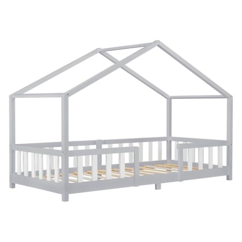 [en.casa] Kinderbett Treviolo Hausbett 90 x 200 cm Holzbett für Kinder mit Rausfallschutz Bettgestell mit Lattenrost Kiefernholz Hellgrau/Weiß