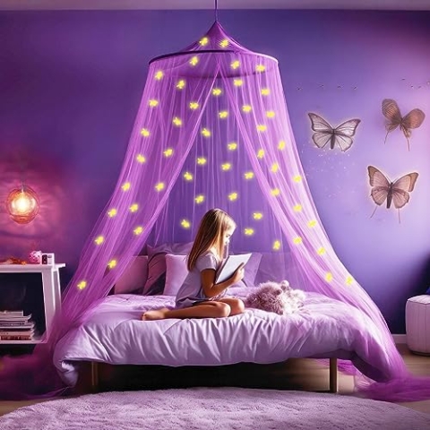 UB-STORE Lila Betthimmel mit vorgeklebten leuchtenden Einhörner - Violett Prinzessinen Moskitonetz für Mädchen Zimmerdekoration - Himmelbett Vorhänge für Kinder und Baby Bett
