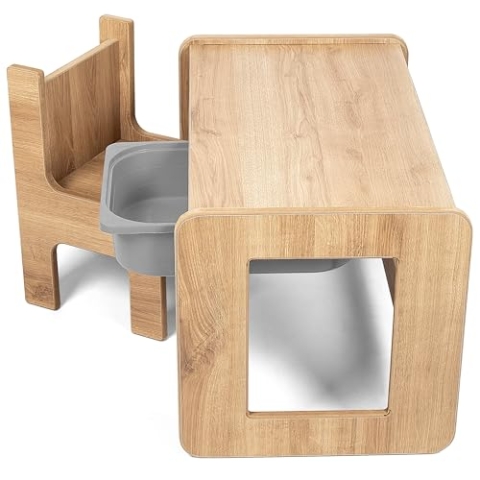 Industrial Living Kindertisch mit grauer Schublade - Spieltisch mit Hochstuhl - Kinderschreibtisch - Zeichentisch - Aktivitätstisch - Holz - Walnuss