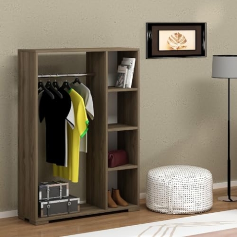 [en.casa] Kleiderschrank Nesbyen offener Garderobenschrank mit Kleiderstange und 4 Ablagen Walnussoptik Kleiderständer für Jacken Schuhablage 126 x 90 x 30 cm