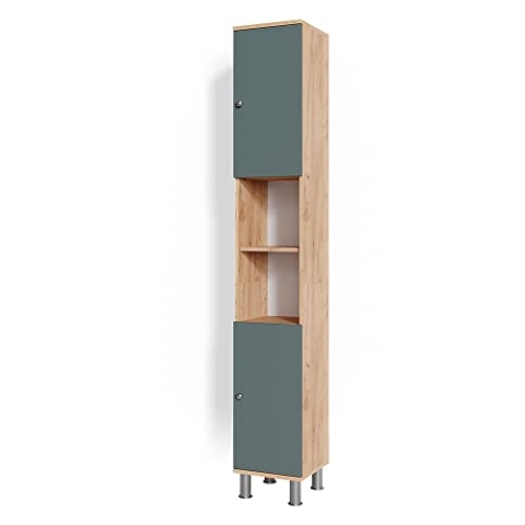 Vicco Badschrank Fynn, Badezimmerhochschrank, Goldkraft Eiche/Grün, 30 x 190 cm