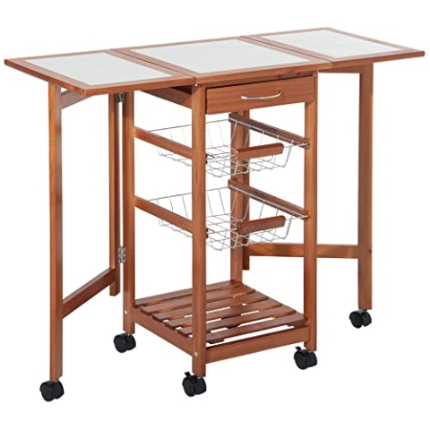 HOMCOM Küchenwagen, Servierwagen mit klappbarer Tischplatte, Rollwagen, Küchentrolley Küchenrollwagen mit Schubladen und Drahtkörben, Kiefernholz, Natur, 91 x 37 x 75 cm