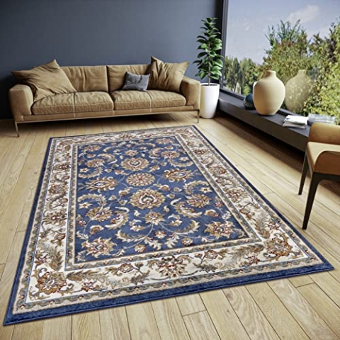 Hanse Home Reni Teppich Orientalisch – Orient Läufer klassisch dicht gewebt mit Ornamenten und Blumenmotiven Weicher Kurzflor für Schlafzimmer, Esszimmer, Wohnzimmer, Flur – Blau Creme, 140x200cm