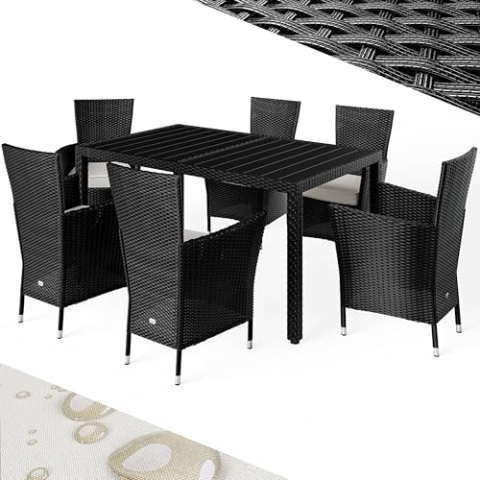 Casaria® Gartenmöbel Set 6 Stühle inkl. 7cm Polster Tisch 150x90cm Polyrattan wetterfest stapelbar Outdoor Balkon Terrasse 160kg belastbar modernes WPC Schwarz