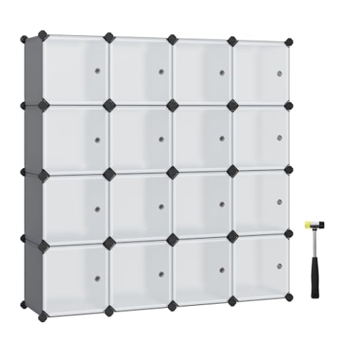 SONGMICS Regalsystem, Schuhregal, Set aus 16 Würfeln, Kleiderschrank aus Kunststoff, mit Türen, Steckregal, Aufbewahrung von Kleidung, Schuhen und Büchern, einfache Montage, grau LPC443G01