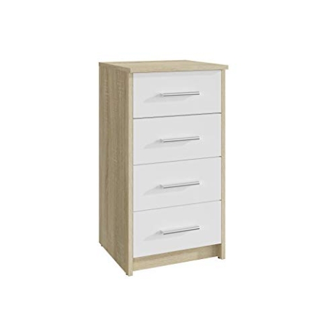 MATKAM Kommode Bodo 4S mit Vier Schubladen, H/B/T 75 x 40 x 35 cm, Griffe in Metall-Optik, Führungsschienen aus Metall (Sonoma Eiche–Front in weiß)