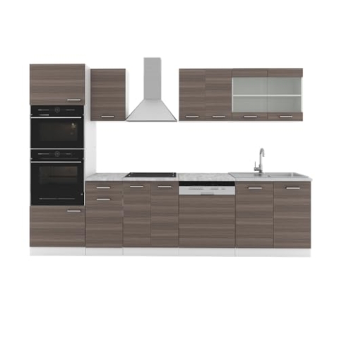 Vicco Küchenzeile R-Line, Edelgrau/Weiß, 300 cm mit Hochschrank, AP Marmor