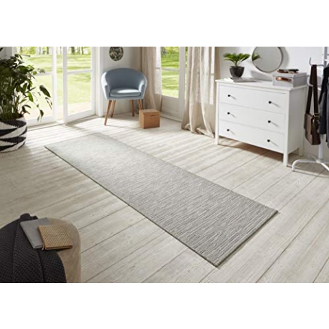BT Carpet Nature Läufer In- und Outdoor – Schlingen Küchenläufer rutschfest Flachgewebe Kurzflor Woll-Optik Fineloop Küchenteppich für Flur, Garten, Terrasse, Badezimmer – Creme Grau, 80x450cm