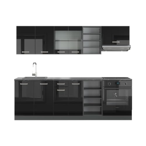 Vicco Küchenzeile R-Line, Schwarz Hochglanz/Anthrazit, 240 cm ohne Arbeitsplatte